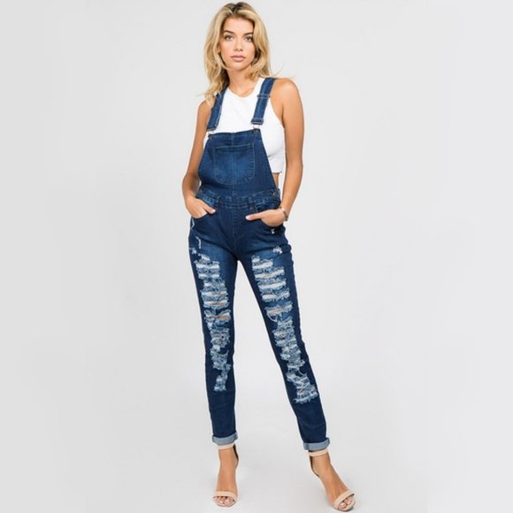 American Bazi Pants - Distressed Leg Skinny Overalls